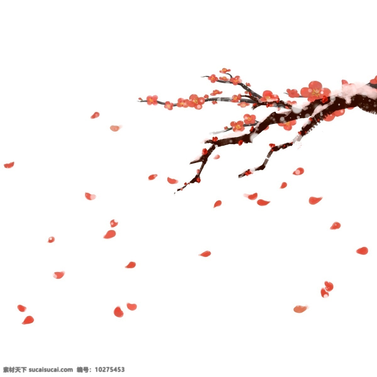 唯美 大雪 中 红梅 手绘 古风 中国风 植物 花瓣 装饰设计 插画元素