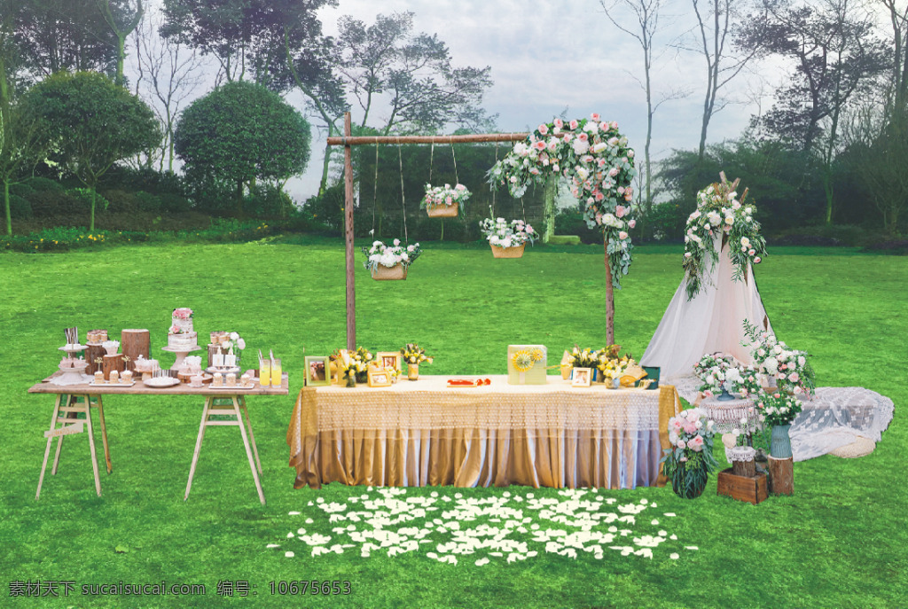 草坪婚礼 签到 区 效果图 帐篷 木架 甜品桌 花篮 花瓣
