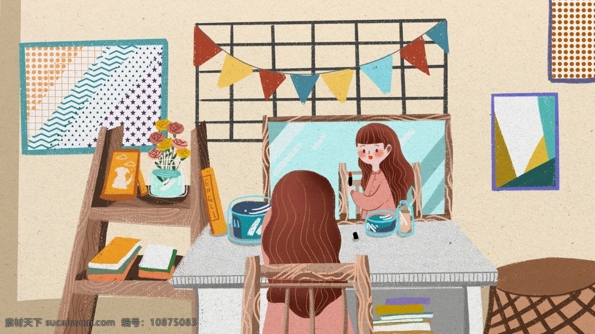 化妆 护肤 温馨 家居 少女 插画 女孩 可爱