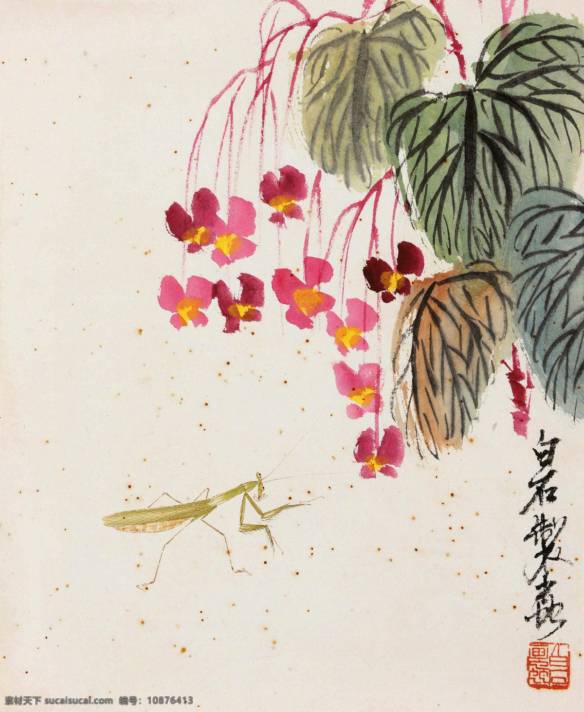 秋葵蚂蚱 国画 齐白石 秋葵 蚂蚱 螳螂 虫草 绘画书法 文化艺术 国画齐白石