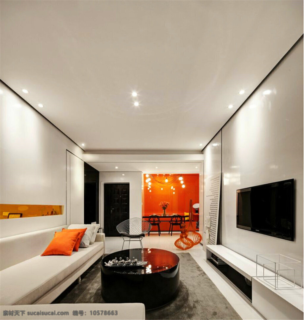简约 客厅 圆形 茶几 装修 室内 效果图 白色沙发 电视机 方形吊顶 灰色地毯 灰色 电视 背景 墙 灰色沙发