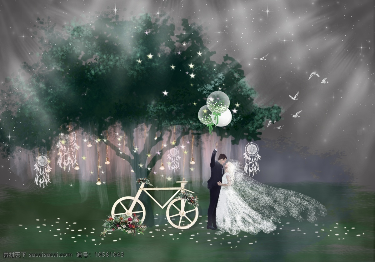 初恋 摩 绿色 婚礼 效果图 婚礼效果图 新娘 迎宾区 大树 创意个性