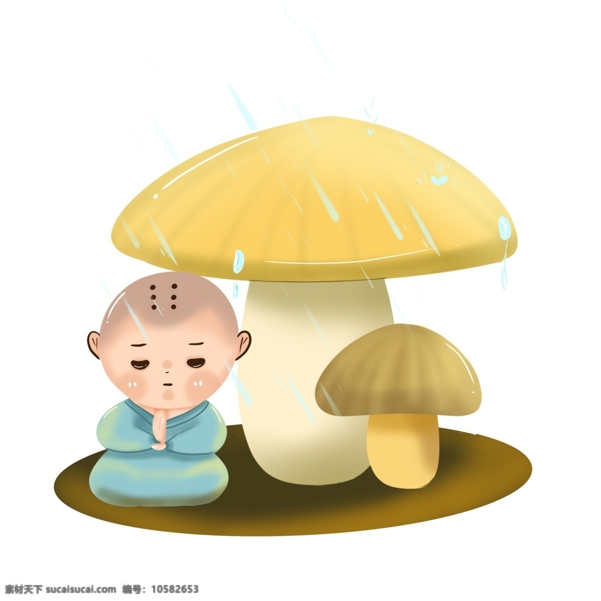 小 和尚 香菇 打坐 下雨 卡通 可爱 形象 无 肉 小和尚 雨天