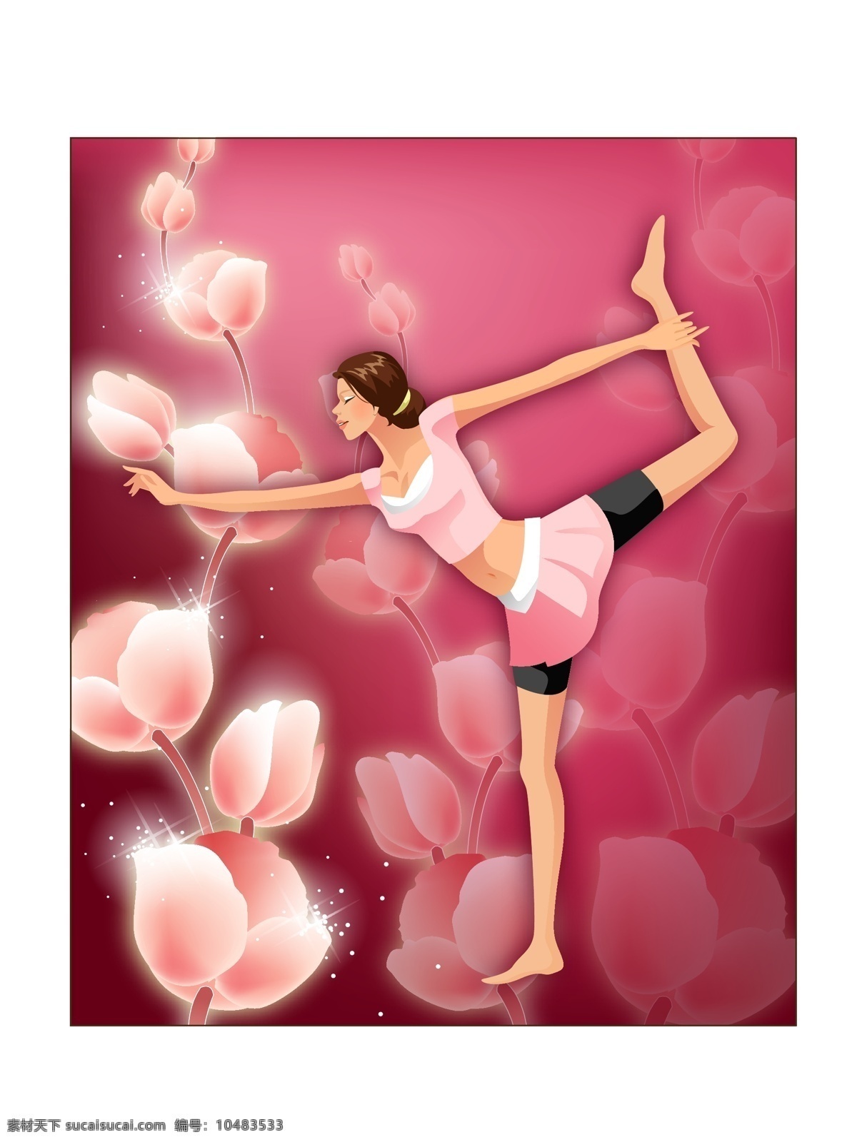 美女 养生 运动 花纹 卡通 矢量图 瑜伽运动 日常生活