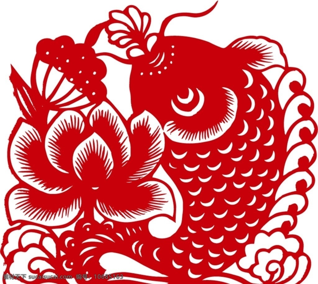 荷花 鲤鱼 剪纸 春节 窗花 连年有余 红色 节庆 文化艺术 传统文化