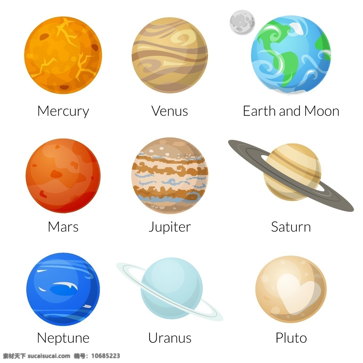 卡通星球 太阳系 矢量星球 宇宙 太空 八大行星 创意 火箭 星球 卫星 星空 科技 背景 地球