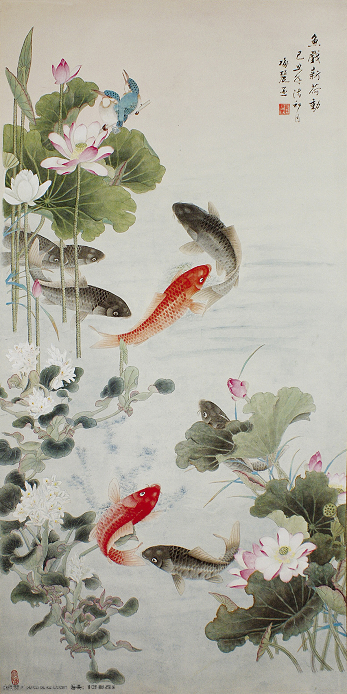 莲花 鲤鱼 瓷砖 背景 墙 带路 径 荷花 中国画 国画 工笔画 中国风 中式 传统 经典 古典 背景墙 电视背景墙