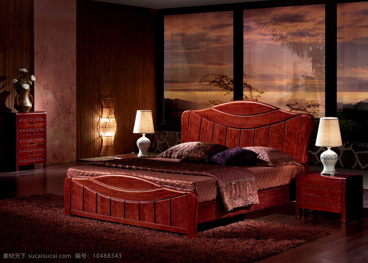 红 实木 软床 高清 图 床头柜 地毯 台灯 背景 家居装饰素材 室内设计
