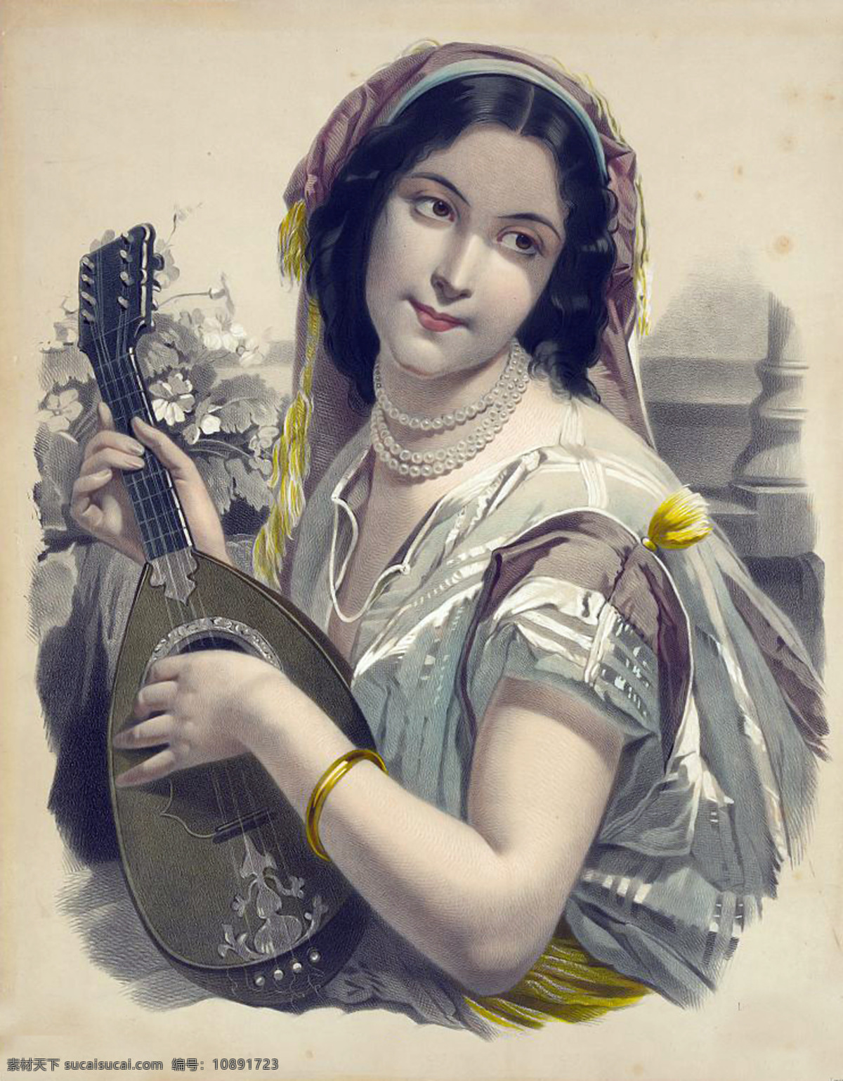弹琴 复古 美女图片 美女 女人 油画 书画文字 文化艺术