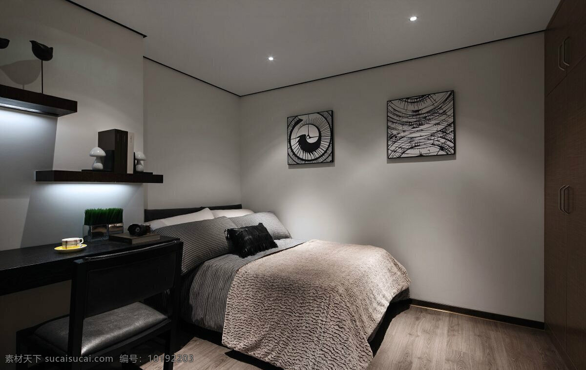 简约 卧室 床铺 装修 室内 效果图 白色射灯 壁画 方形吊顶 灰色木地板 书桌 置物柜