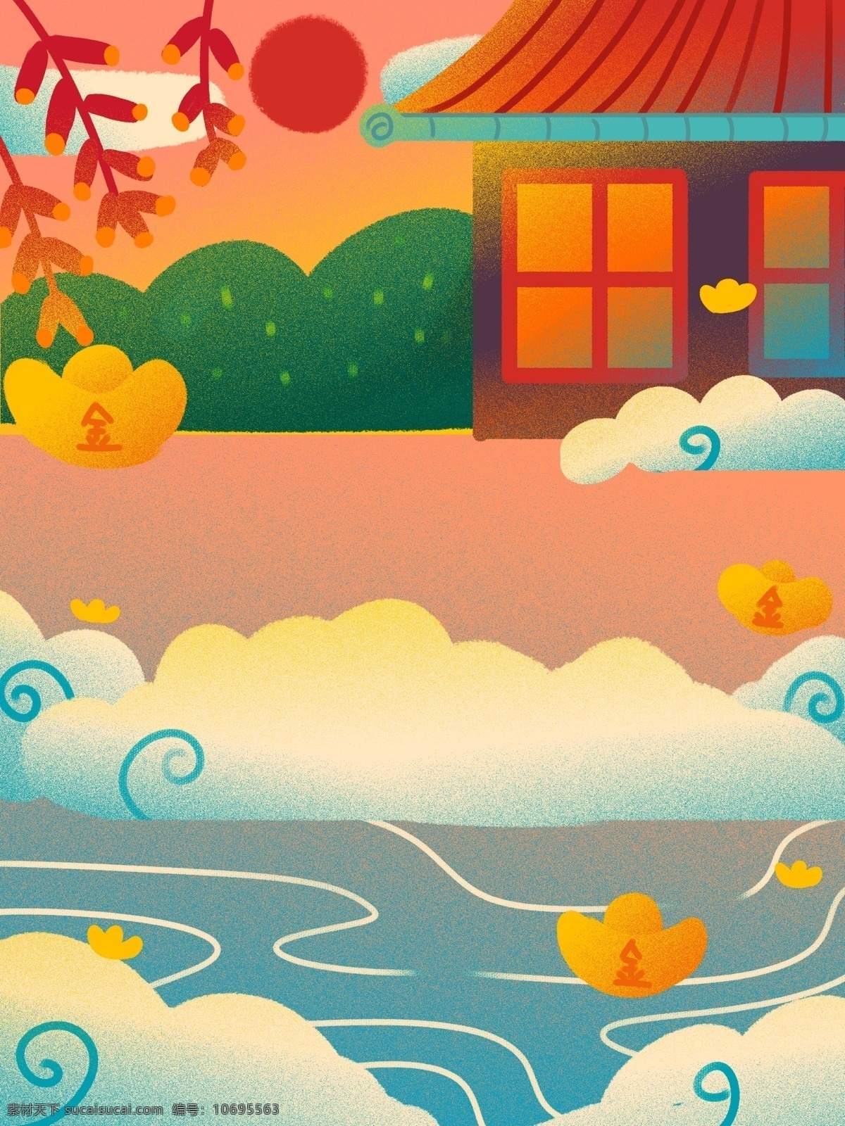 喜庆 中国 风 2019 元旦 插画 背景 背景展板 春节展板背景 山水风景 房屋 夕阳 新年 春节 展板 新年庆典展板