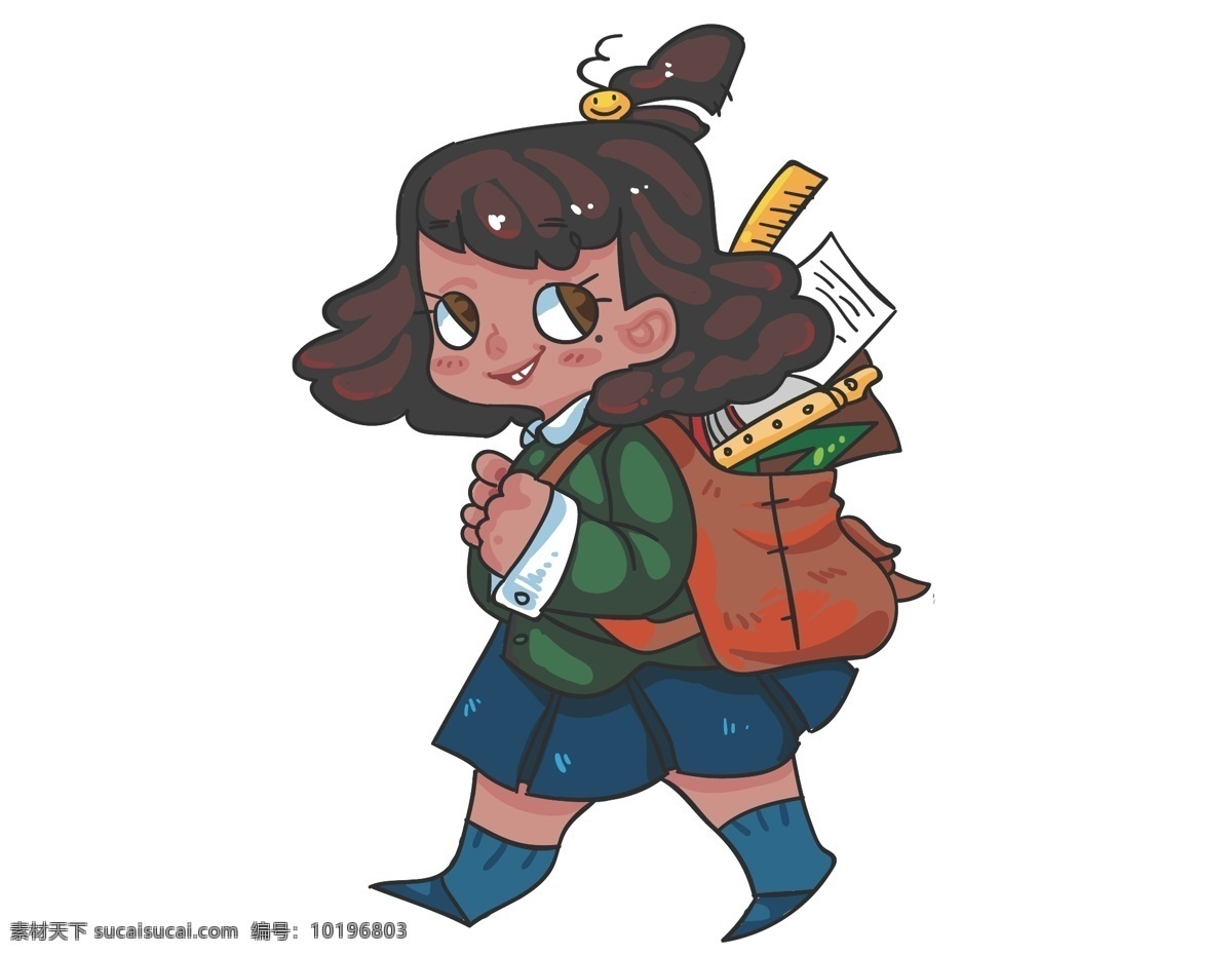 卡通 女孩 上学 元素 小清新 可爱女孩 工具 手绘 大眼萌娃 背包书包 ai元素 矢量元素