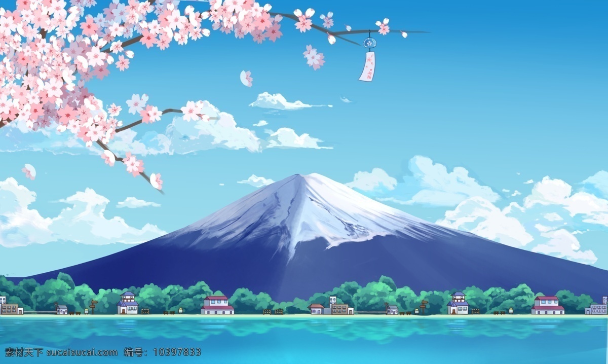 日本 富士山 插画 卡通 海报 素材图片 清新 类 背景 分层