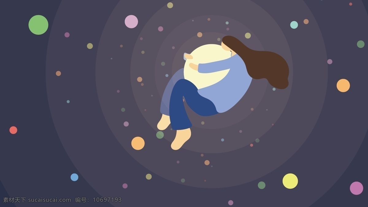 怀抱 月亮 少女 你好 晚安 简约 创意 插画 夜空 高清 配图 矢量
