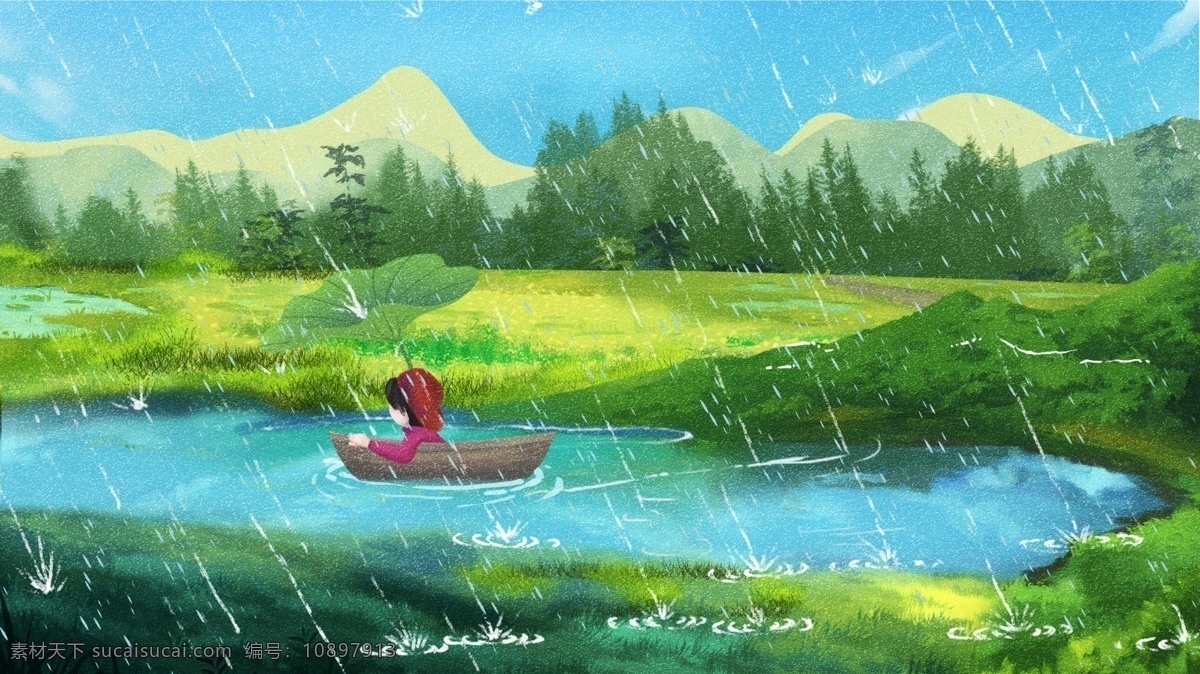唯美 清新 节气 谷雨 插画 绿色 春天 春季 24节气 节气插画 雨水插画 谷雨插画 插图 男人 田野 稻田 田 稻田插画 中国风 春天插画 下雨 谷雨插图 配图 壁纸 稻谷
