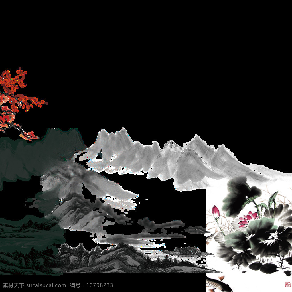 中国 风 暗红色 花朵 水墨 山水 装饰 元素 红色花朵 山水画 水墨画 中国风 装饰元素