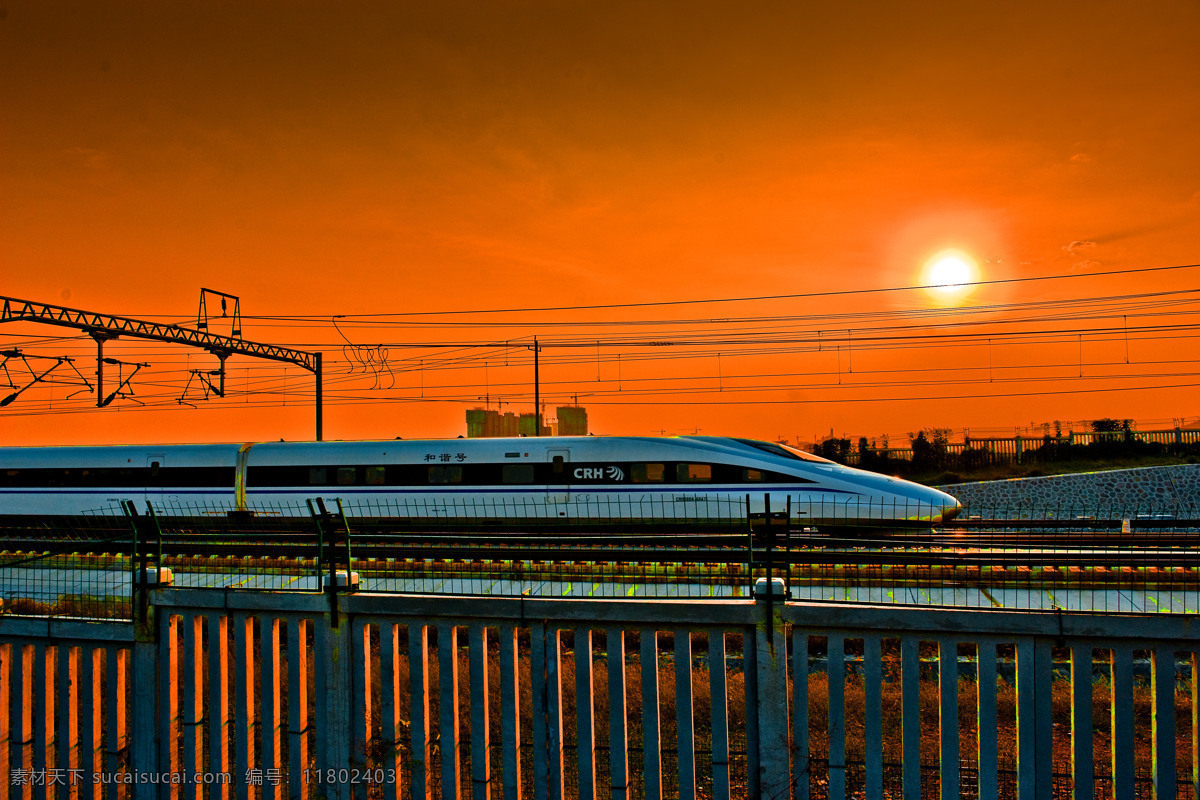 夕阳下的高铁 高铁 铁路 夕阳 电线 栏杆 铁轨 围栏 夕阳下的小草 建筑 交通工具 现代科技