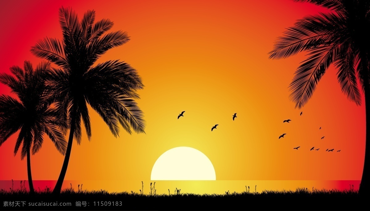 黄昏 海景 矢量 草丛 风光 风景 剪影 矢量素材 太阳 小鸟剪影 椰子树 矢量图 其他矢量图