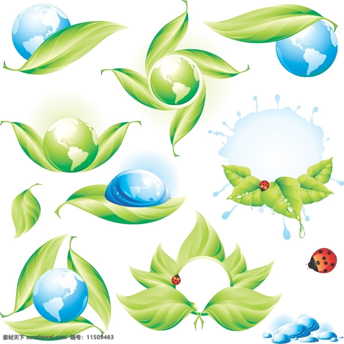 生态 地球 瓢虫 树叶 水滴 矢量图 其他矢量图