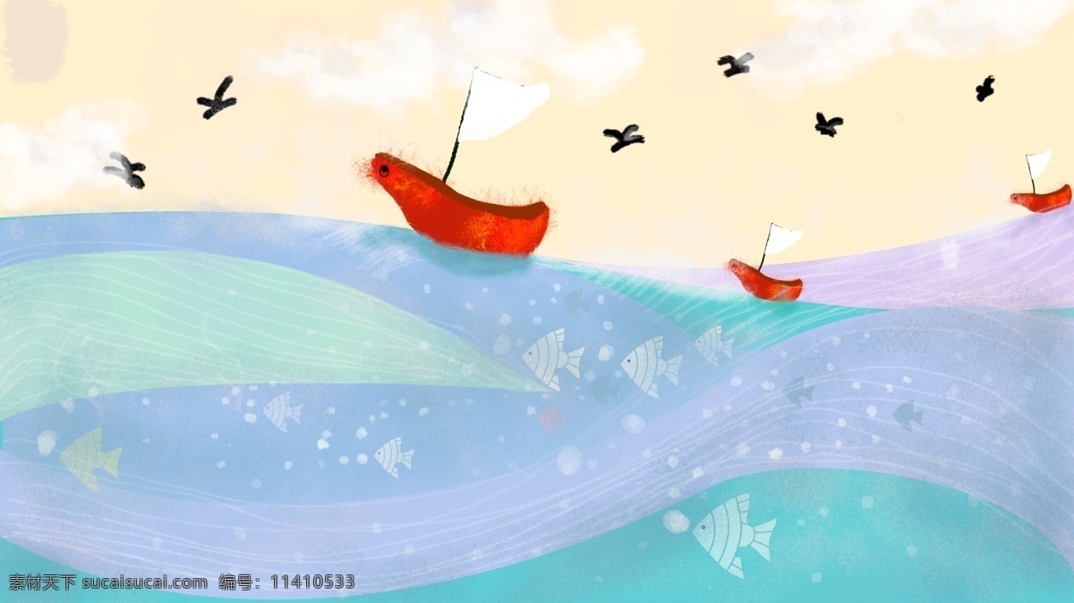 手绘 大海 里 帆船 红色帆船 夏天 蓝色 唯美可爱风