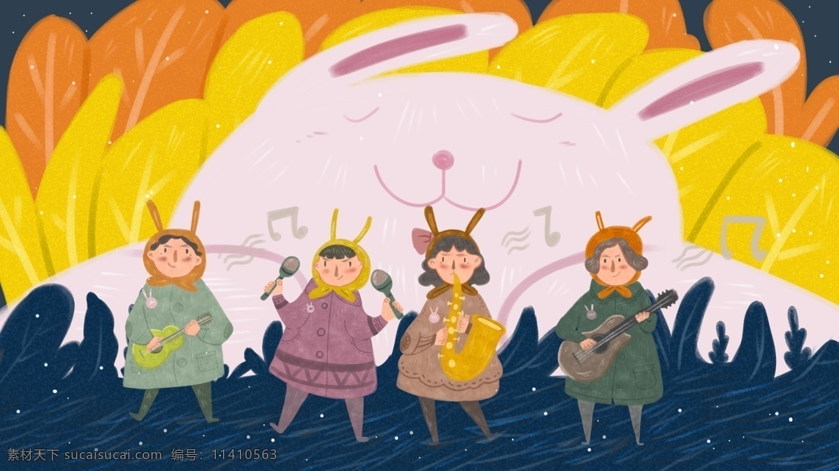 梦幻 童话 音乐节 兔子 乐队 音乐会 插画 壁纸 原创