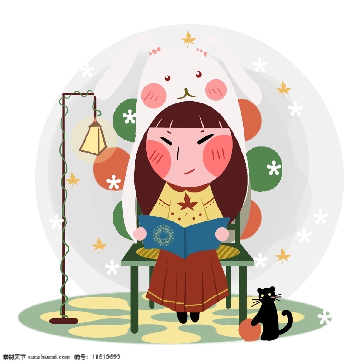 朗诵 诗歌 清新 小女孩 插画 手绘清新女孩 朗诵诗歌女孩 清新小女孩 温馨场景 大白熊 小黑猫 表演女孩插画