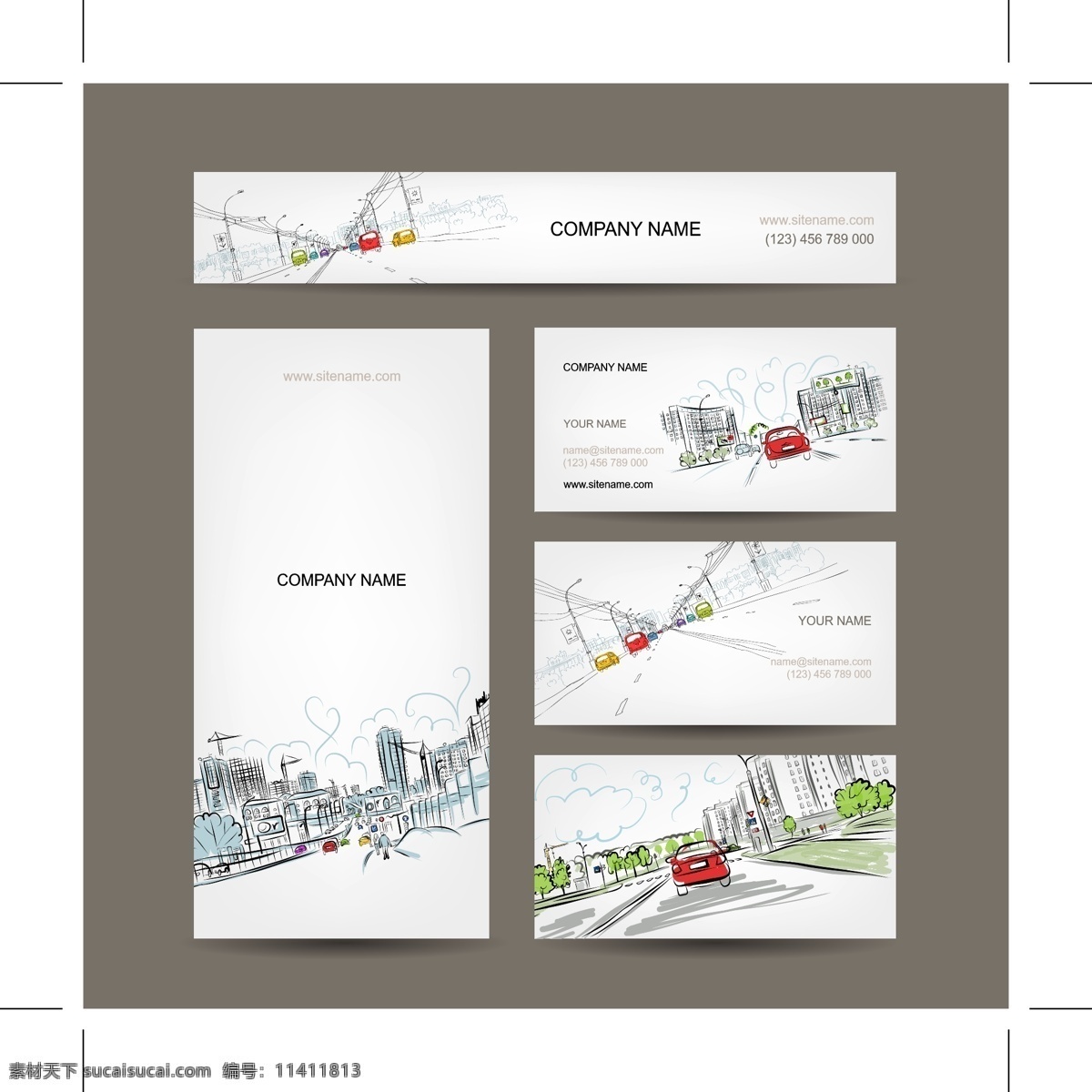 手绘 城市 风景 名片设计 矢量 道路 建筑 汽车 名片 公司 卡片 矢量图