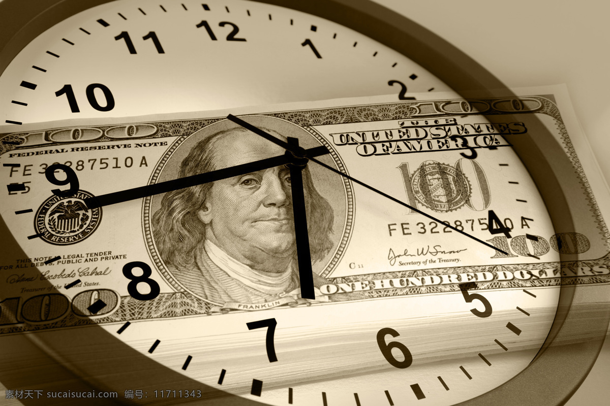 美元 美金 钞票 钟表 时间就是金钱 纸币 货币 商务金融 商业插画 金融货币