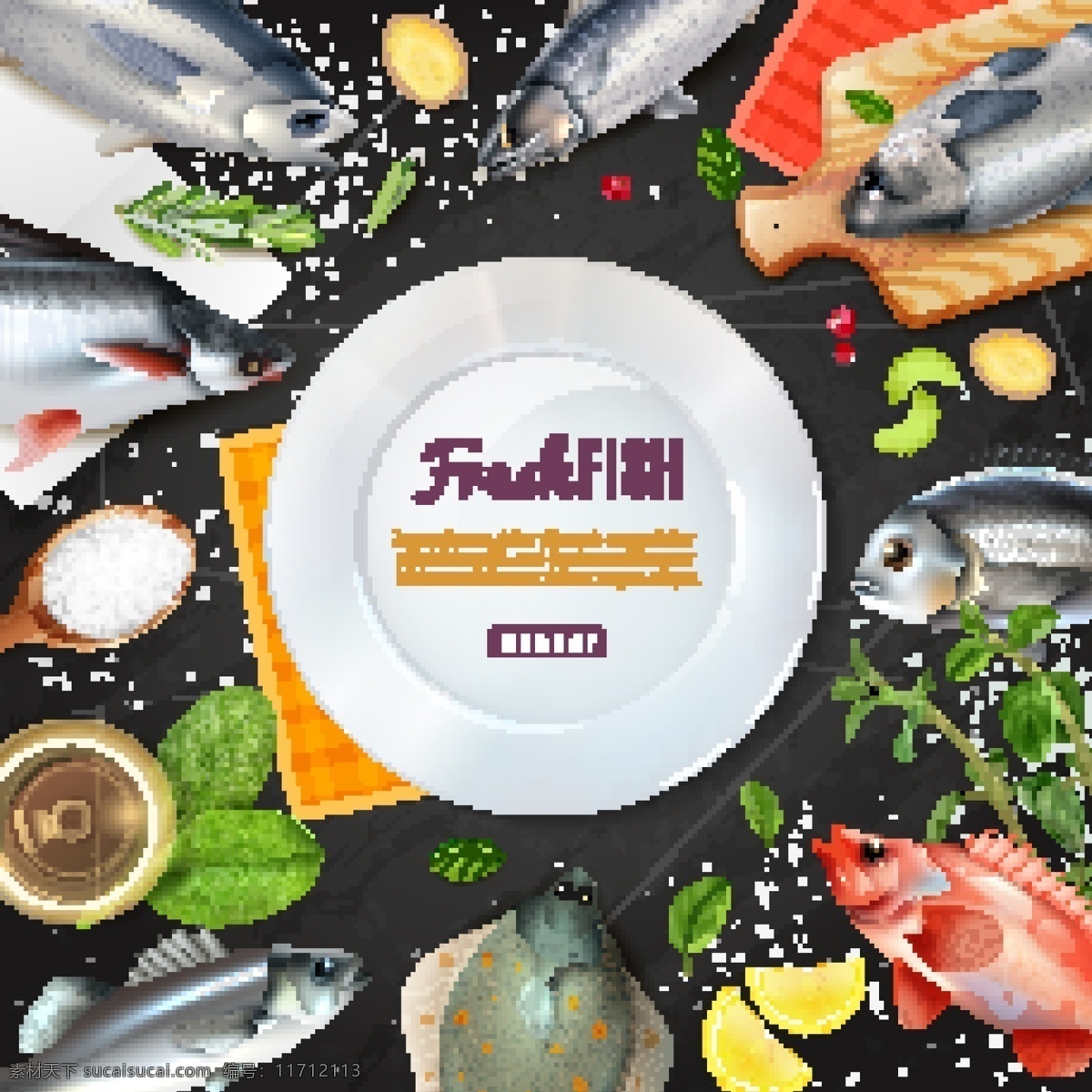 鱼海报 矢量鱼 鱼 卡通鱼 鱼集合 手绘鱼 鱼插画 海洋生物 各种鱼 美味鱼 柠檬 菜肴海报 动物