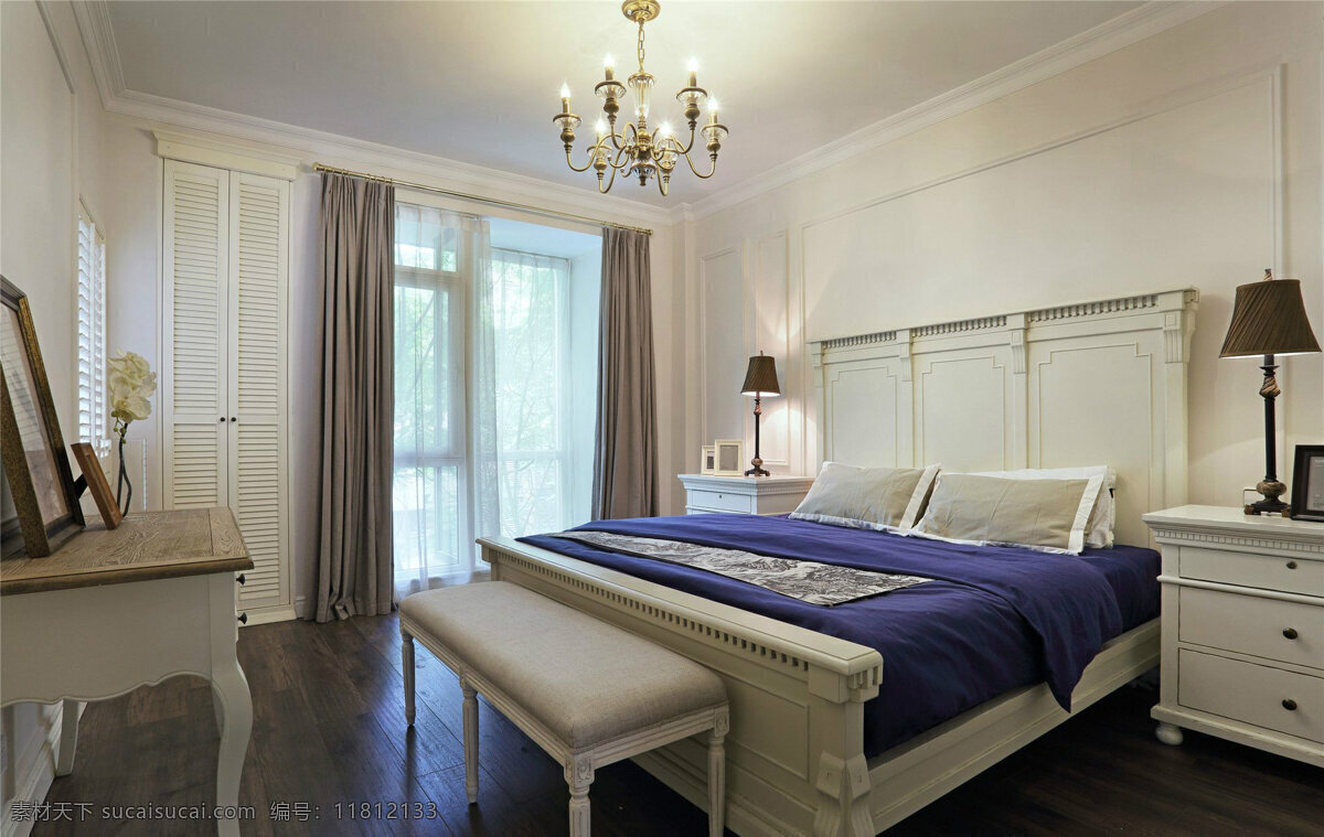 现代 时尚 卧室 白色 吊灯 室内装修 效果图 卧室装修 白色柜子 褐色台灯 木地板