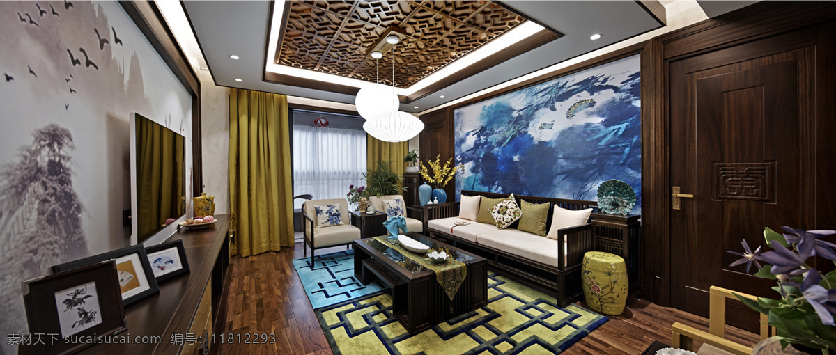 中国 风 客厅 山水画 电视 背景 墙 装修 效果图 方形吊顶 个性吊灯 沙发蓝色背景