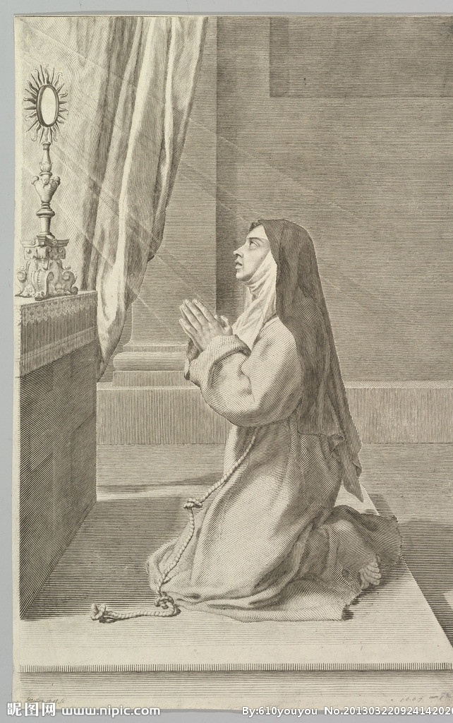 铜版画 版画 线条 黑白 欧洲 绘画 修女 祈祷 祷告 基督教 宗教 美术馆藏品 绘画书法 文化艺术