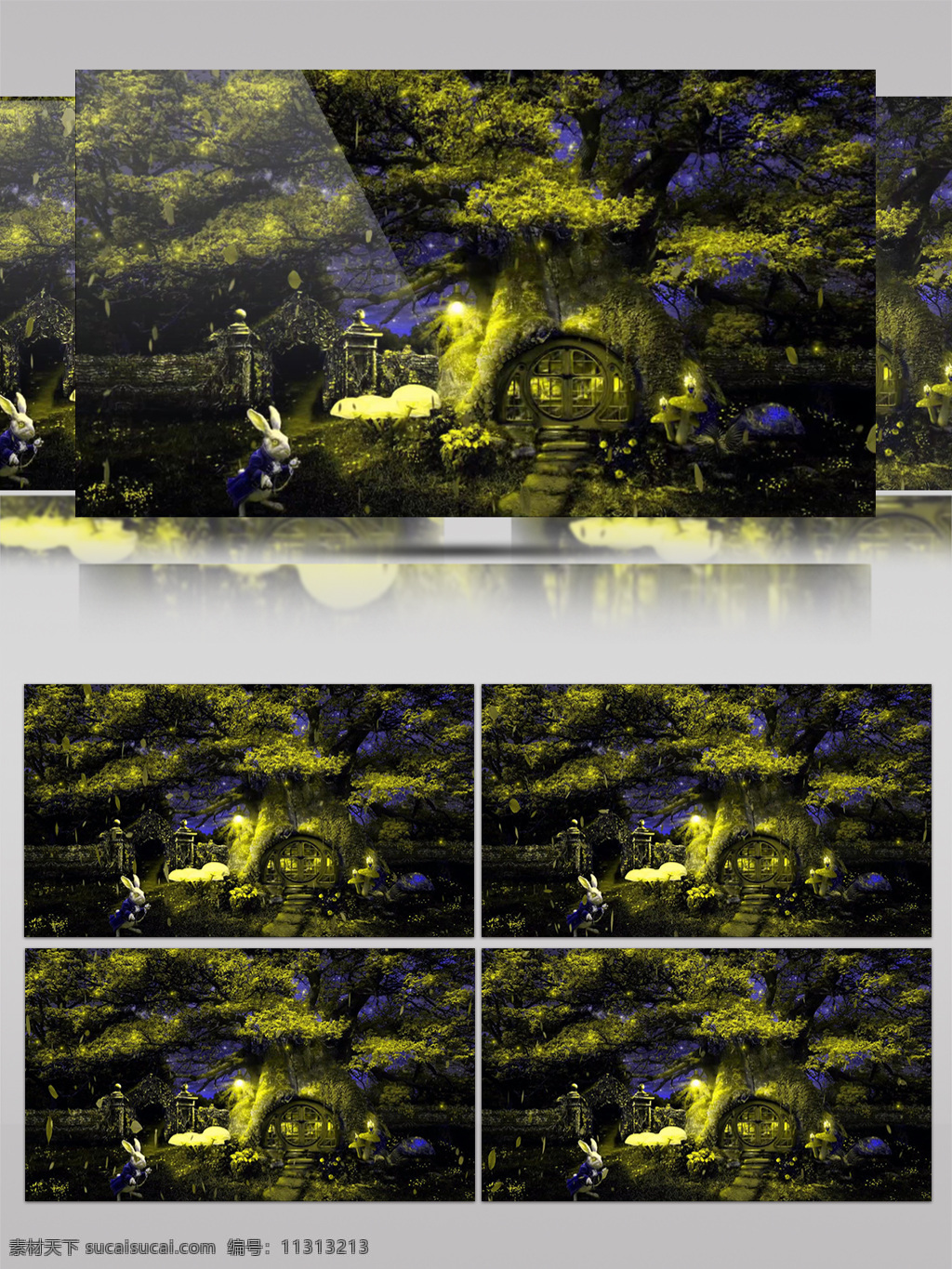 月光 下 森林 童话 世界 视频 兔子 树木 树叶 灯光 视频素材