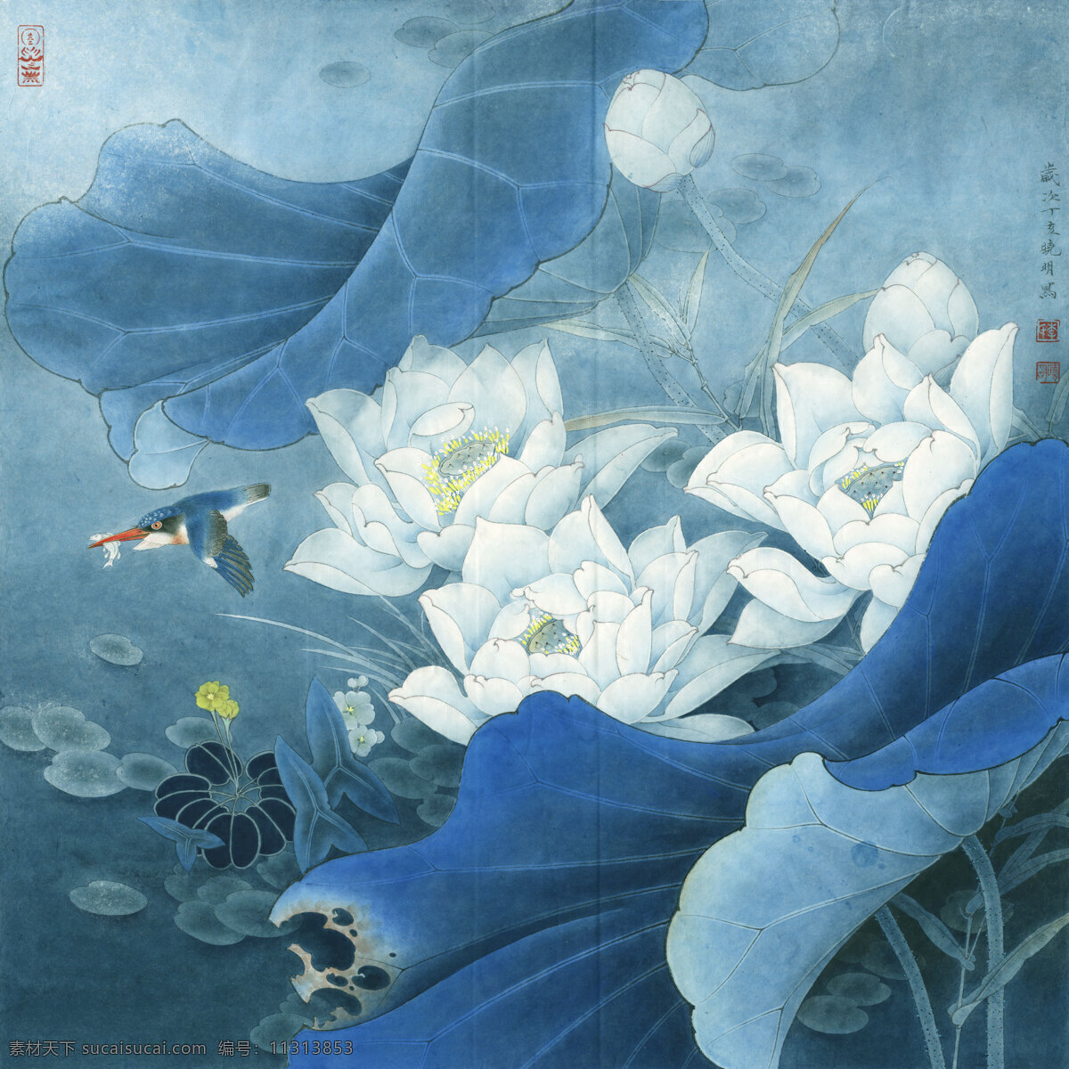白荷蓝翠 花鸟画 设计素材 花鸟画篇 中国画篇 书画美术 青色 天蓝色