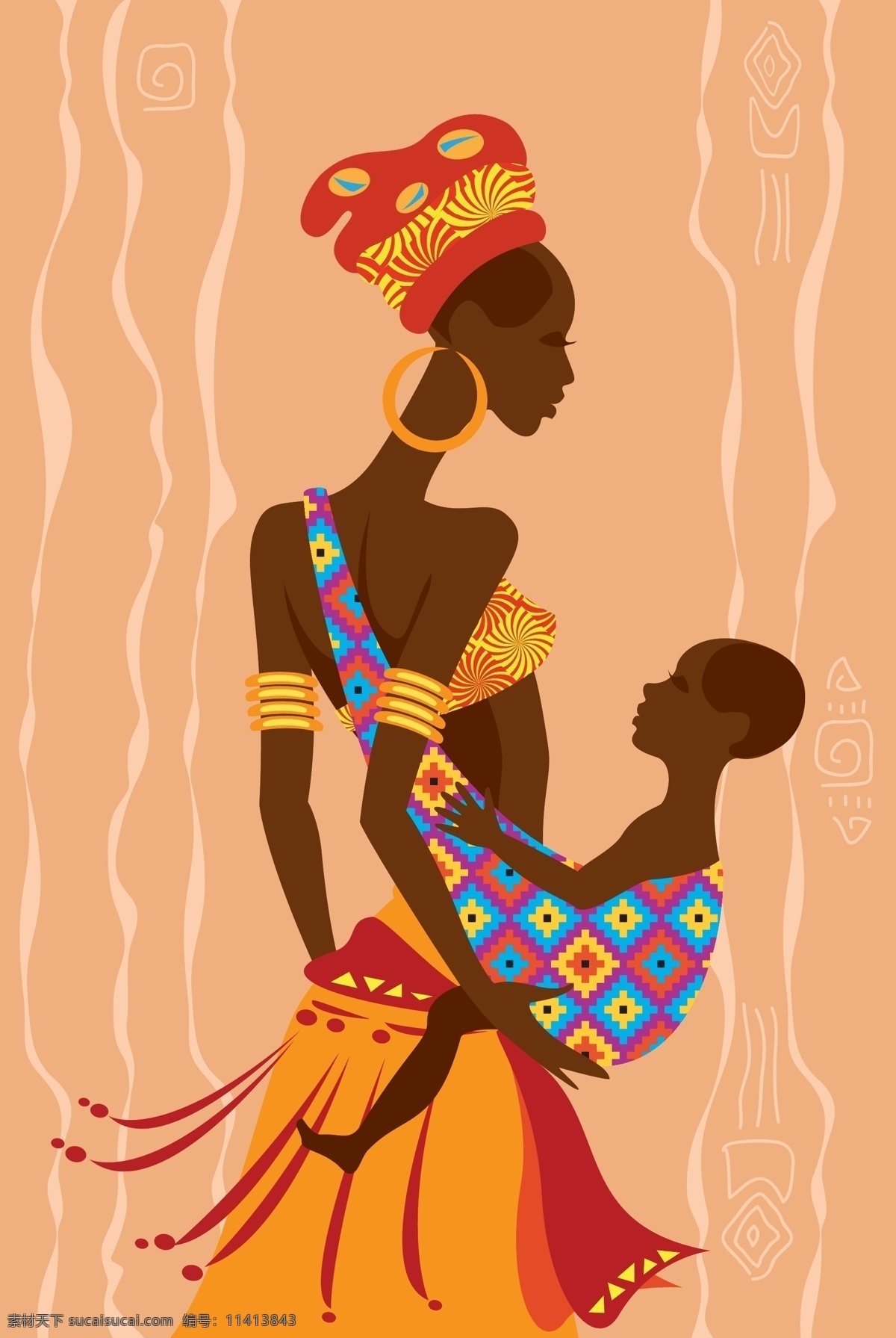 非洲 女人 孩子 人物 矢量 有色人种 黄色