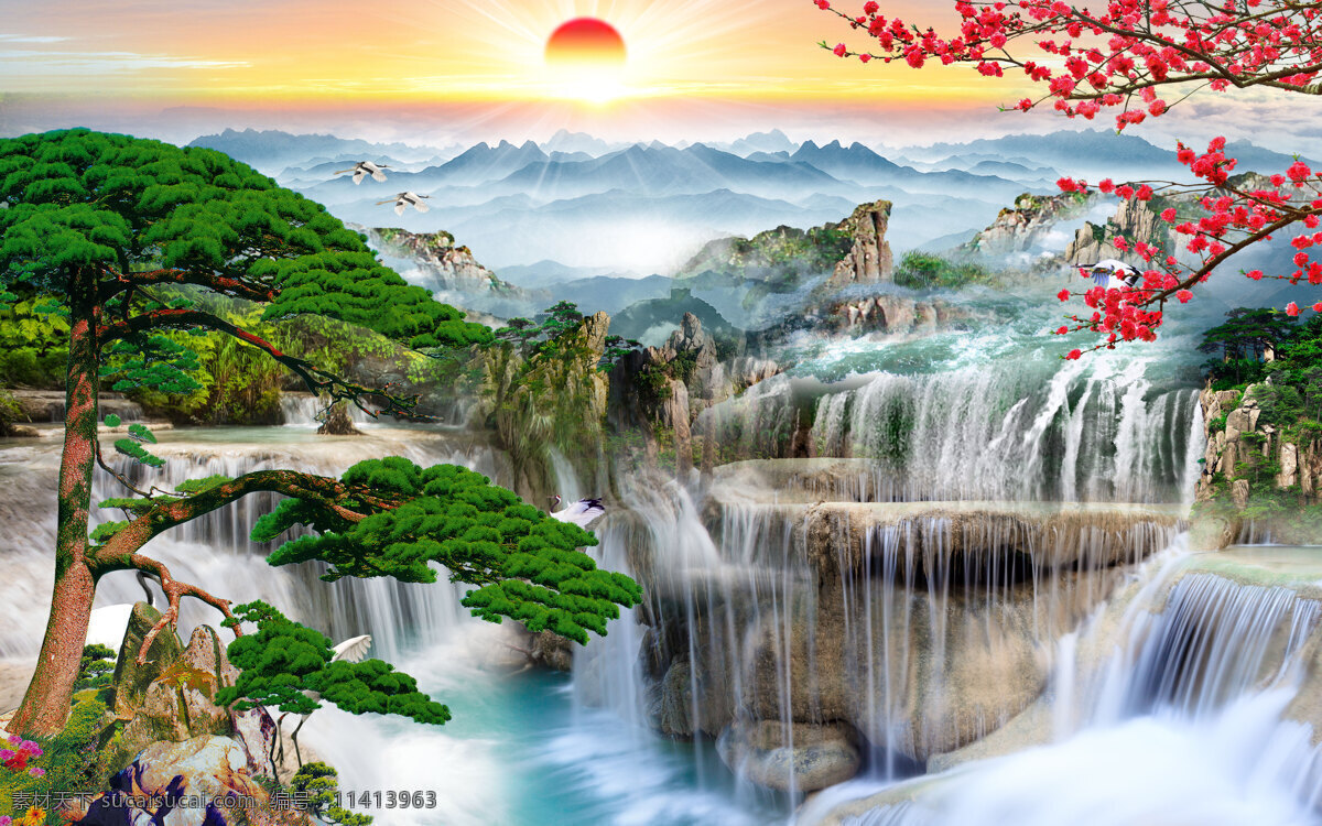 中式流水生财 山水画 迎客松 松鹤延年 旭日东升 瀑布 瀑布装饰画 流水生财 装饰画 中国山水画 高山流水 酒店背景 工装背景 酒楼背景 迎客松装饰画 瀑布山水 钻石画 仙鹤 风景山水 山水 中式 风景 中式山水 山水装饰画 沙发背景 沙发 山水背景 中式背景 风景背景 中式沙发 分层