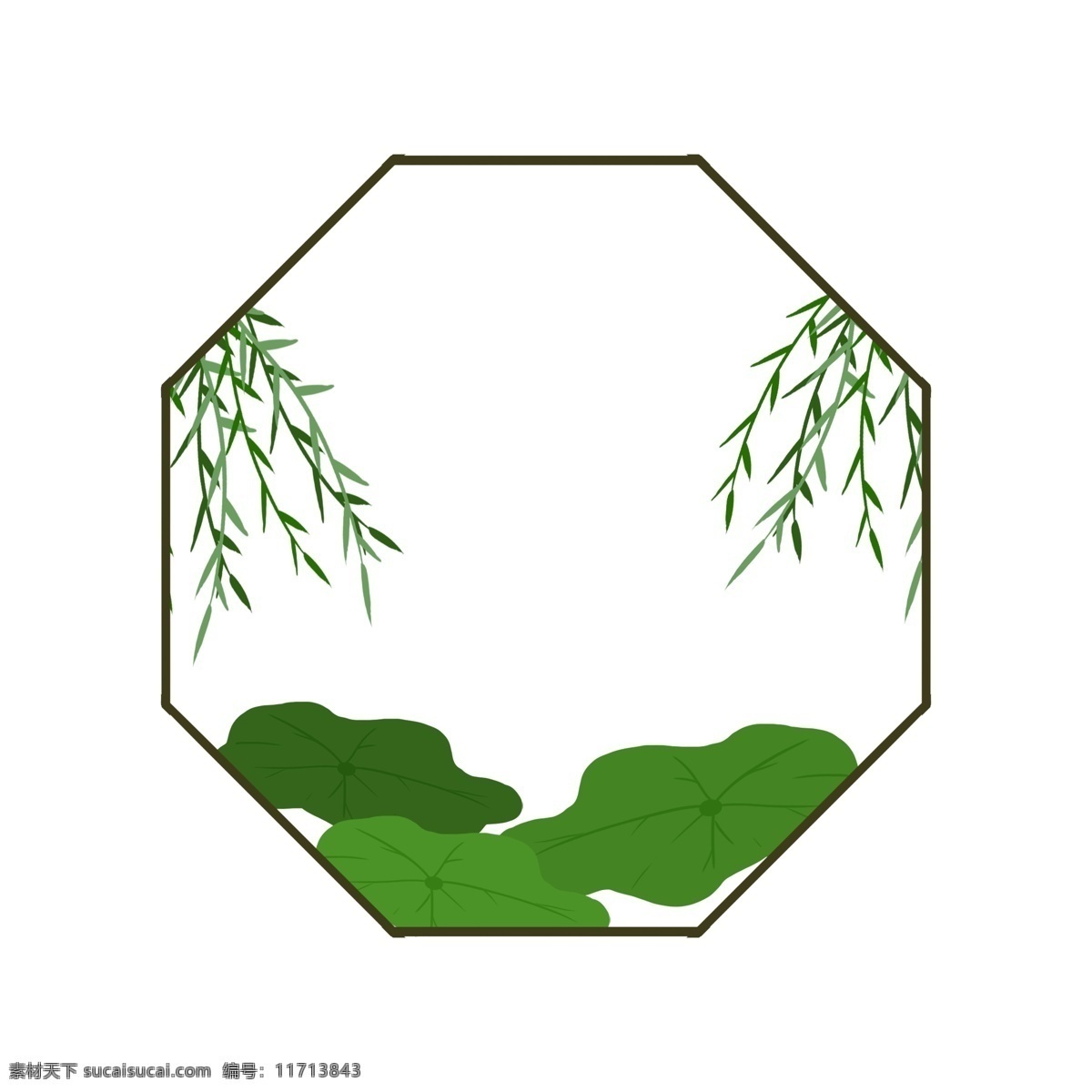 传统 风格 柳树 木质 边框 荷叶 大荷叶 绿色的 柳叶 绿色的柳叶 叶子 装饰风格 插画风格 手绘 插画