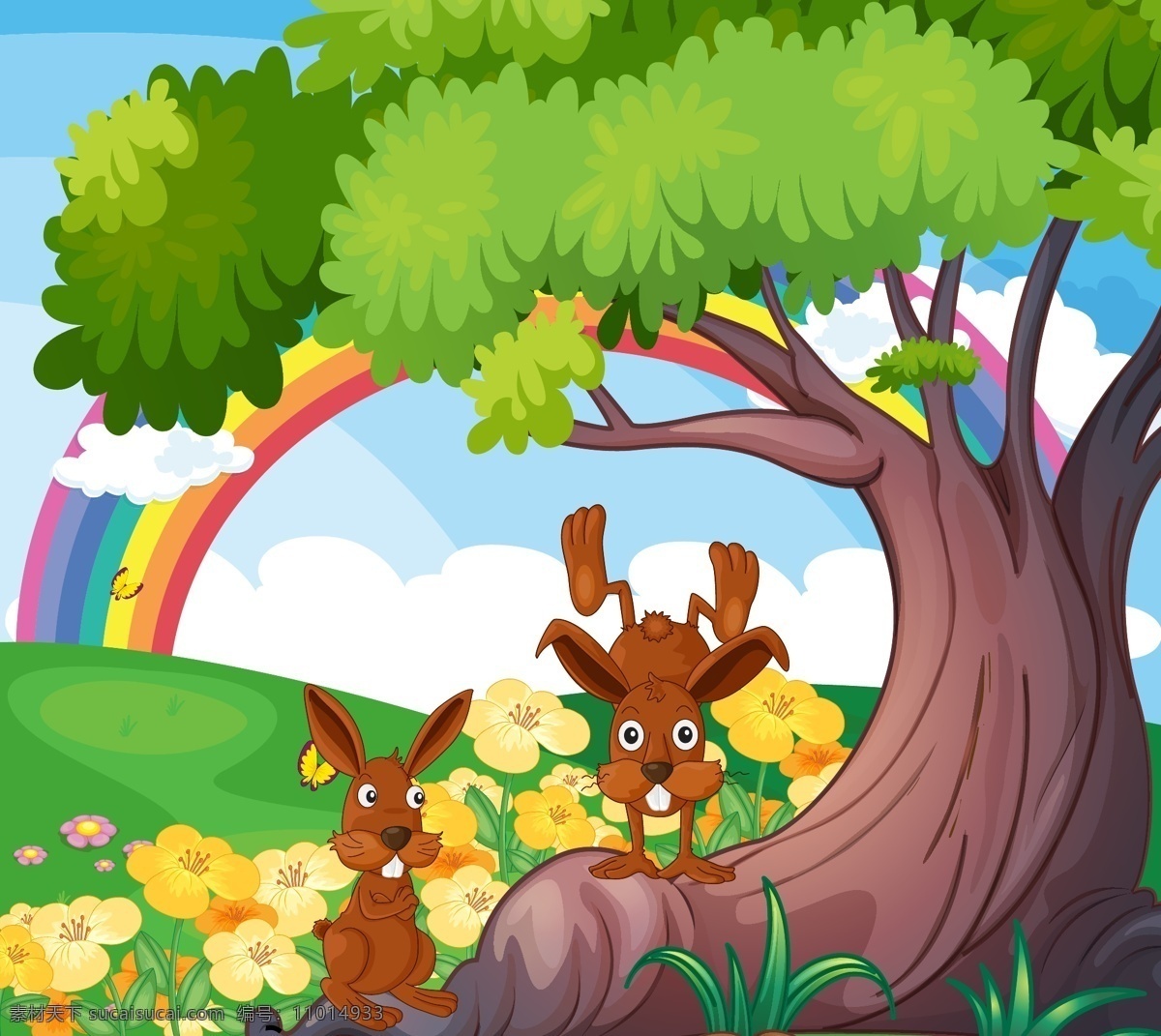 大树下 可爱 动物 插画 自然 风景 彩虹 兔子