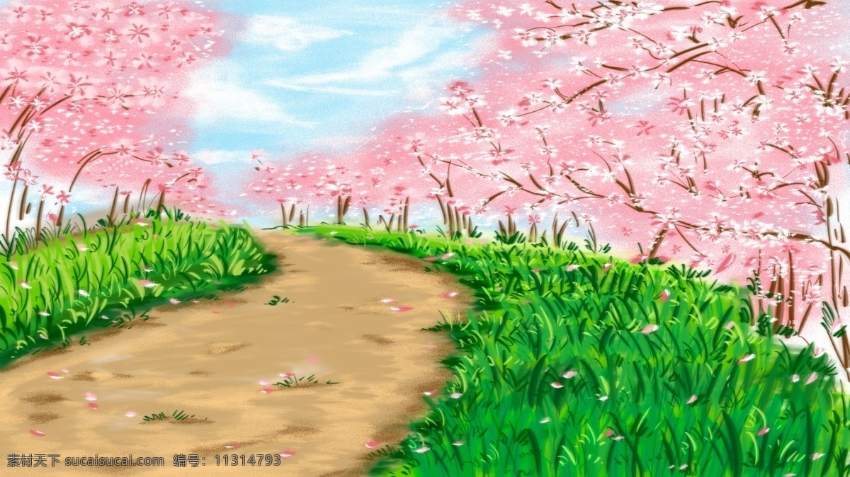 手绘 春天 樱花 树下 草地 茂盛 小草 嫩绿 自然风光 虾红 粉粉 粉色的春天