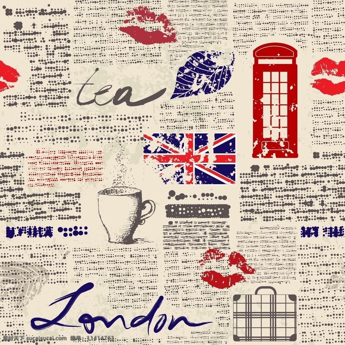 报纸 风格 英国 元素 海报 报纸风格 英国元素海报 茶 电话亭 英国国旗 旅行箱 伦敦 无缝背景 london 矢量图