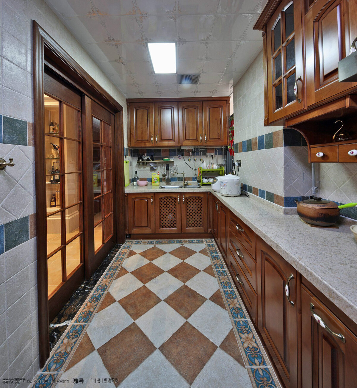 欧式 简约 风 室内设计 厨房 拼接 地砖 效果图 现代 料理台 格子地板 落地窗 推拉门 家装