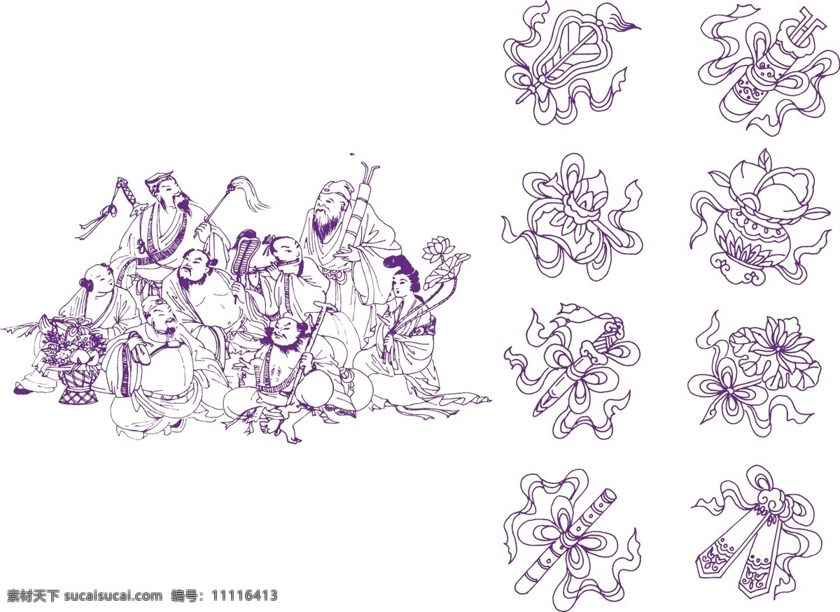 八仙过海 八仙 线描 其他矢量 矢量素材 矢量图库
