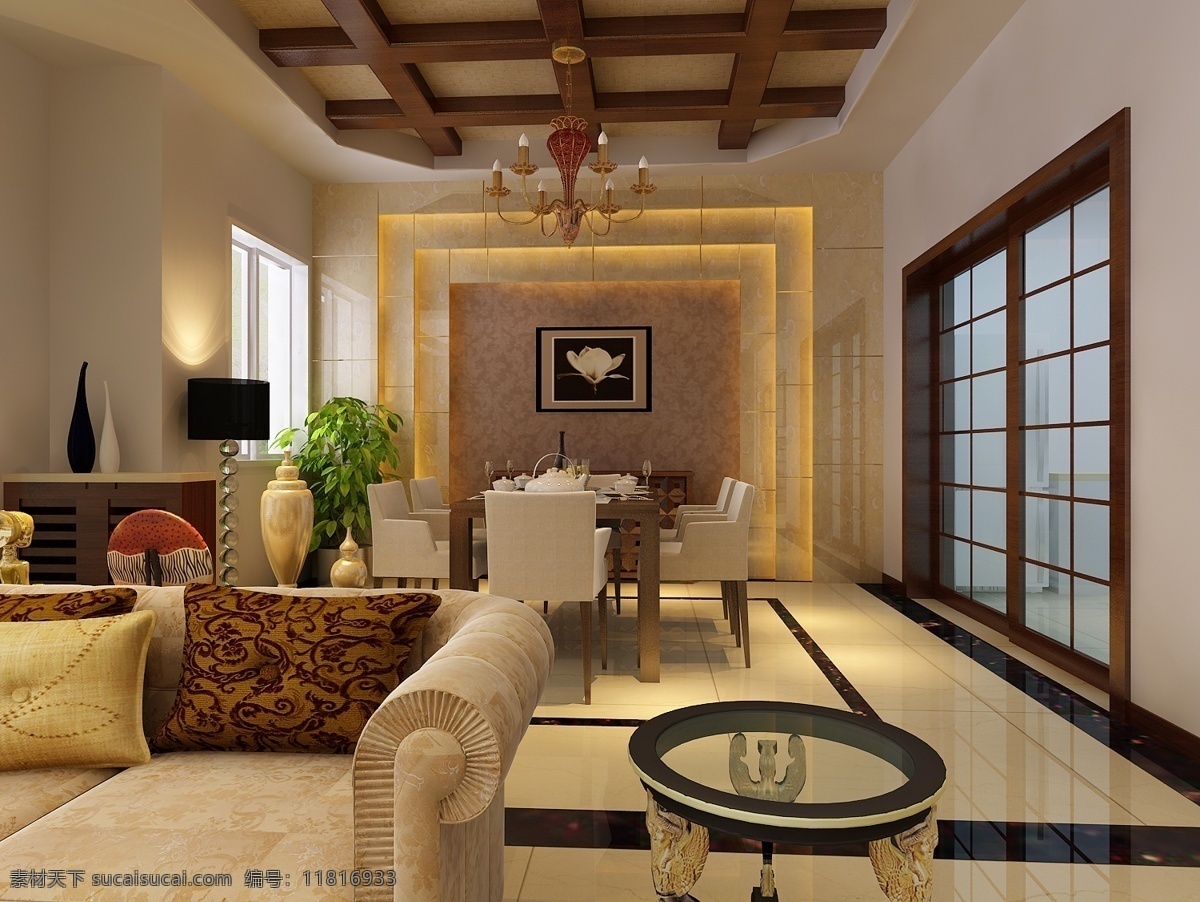 现代 中式 装修设计 沙发 台灯 推拉门 3d模型素材 室内装饰模型