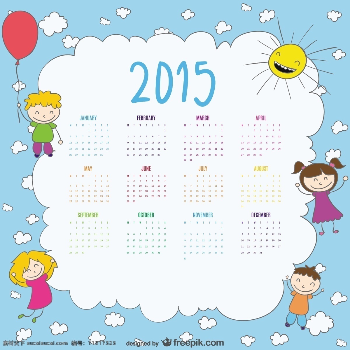 2015 日历 快乐 儿童画 学校的日历 孩子 太阳 天空 模板 微笑 色彩 云 日历2015 可爱的涂鸦 回到学校 男孩 画画 白色