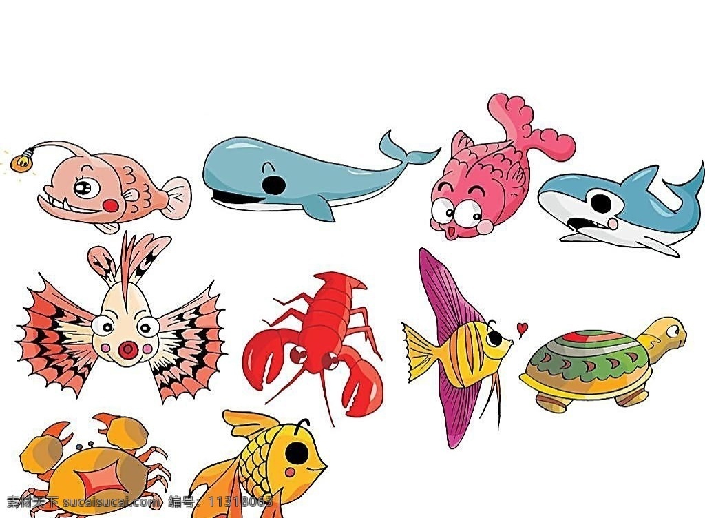 鱼儿 海鲜 海底世界 创意 海豚 乌龟 螃蟹 龙虾 海马 彩色 卡通 小图案