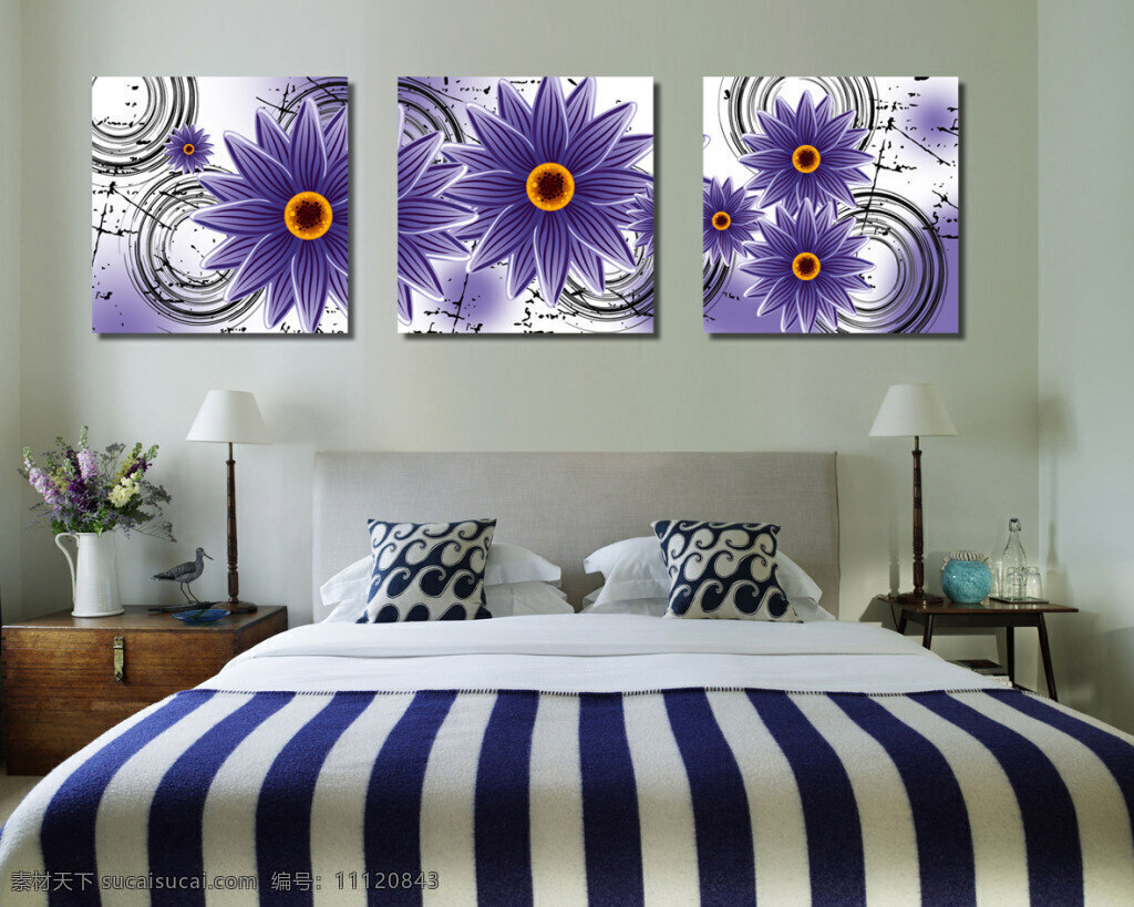 卧室 现代 风 花朵 装饰画 花朵装饰 暖色 三联画 灰色
