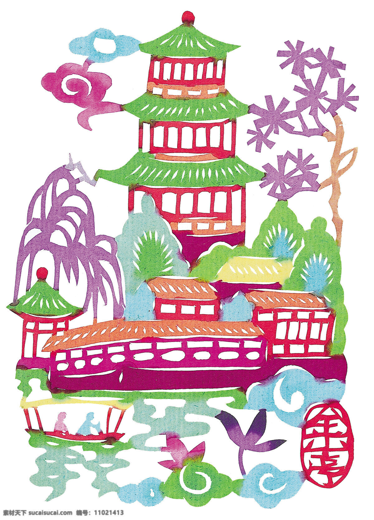 塔 风景 剪纸 风景剪纸 中国 风 古典 花纹 传统 图案 剪纸艺术 民间剪纸艺术 民间画 文化艺术