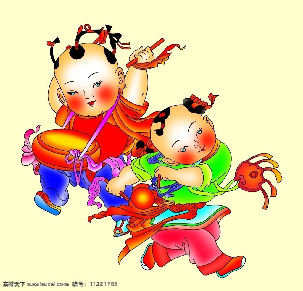 吉祥二宝 卡通 传统文化 敲锣打鼓 吉祥 动漫人物 动漫动画