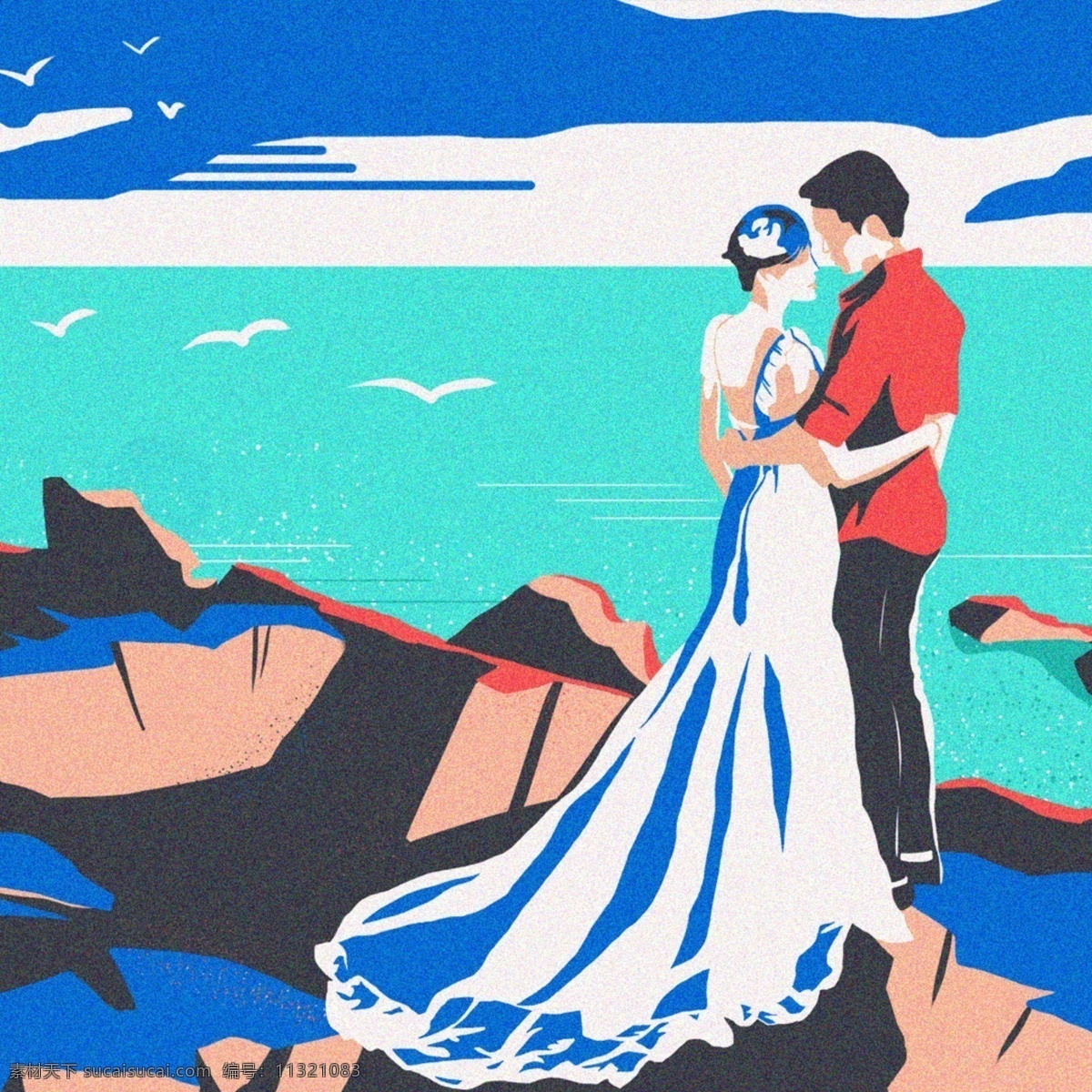 中世纪 现代主义 情侣 海边 婚纱照 原创 手绘 插画 复古