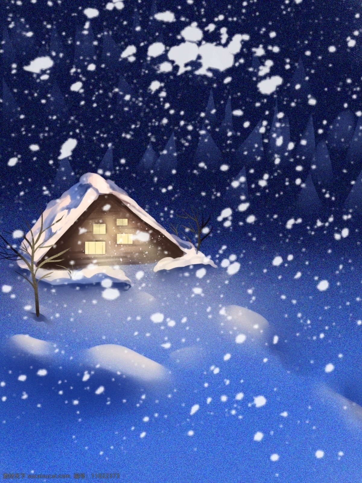 全 原创 手绘 冬季 夜晚 插画 唯美 背景 雪地 房屋 光 插画美景背景